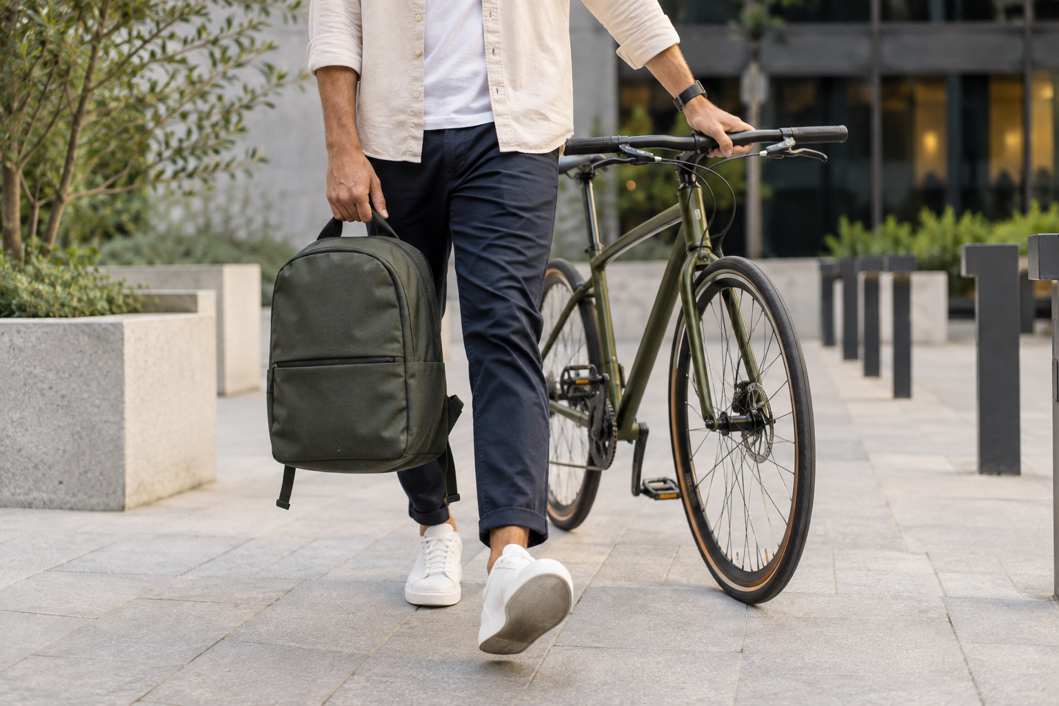 Persona caminando junto a una bicicleta con una mochila sin marca